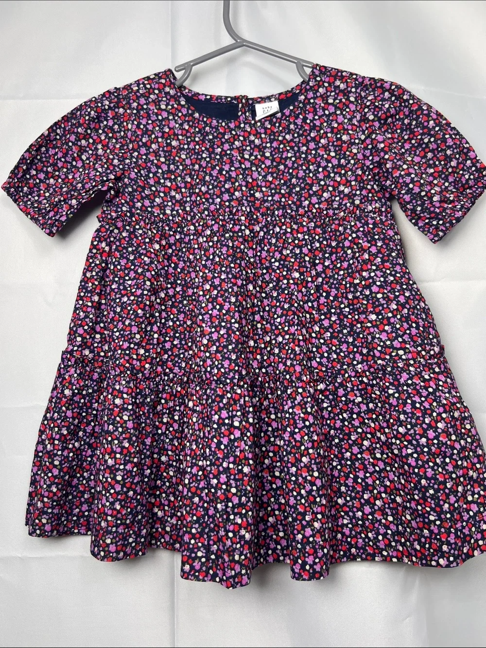 Baby GAP navy and purple floral print tiered ruffle puff sleeve cotton dress NWT